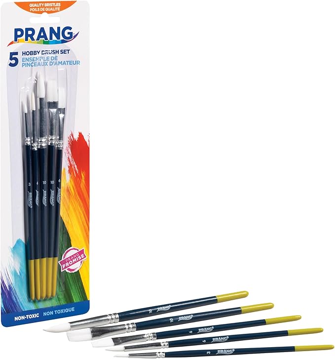 Prang Hobby Five-Brush Set, Assorted Sizes, Natural Hair, Flat; Round Profiles, 5/set