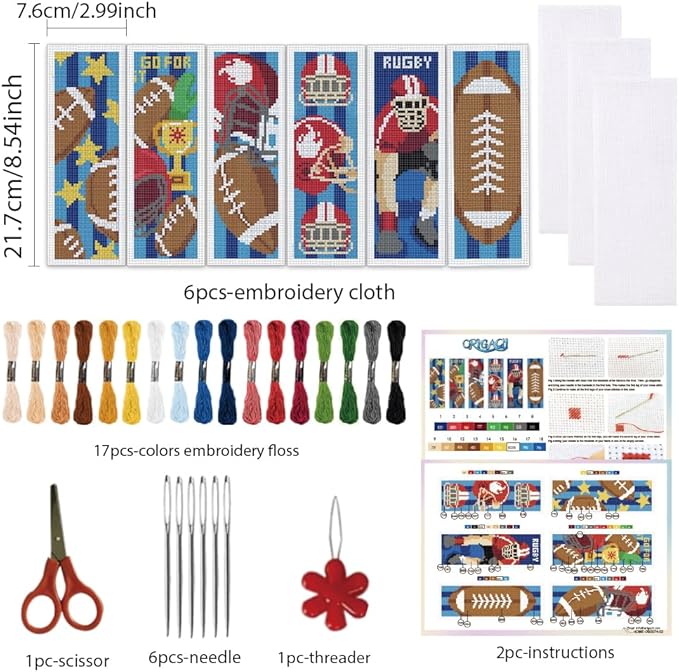 ORIGACH 6 Set Rugby Cross Stitch Bookmark Kit for Beginner with Backing Felt Floss Instructions DIY Stamped Embroidery Bookmark Kit for Adults, Book Lovers