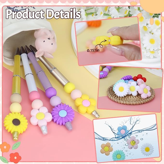 12pcs Flowers Silicone Focal Beads, Focal Beads for Keychain Making, Pens, Bracelet, Necklace Crafts, Bulk for DIY（Flowers）