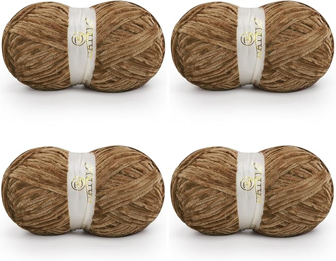 Velvet Chenille Yarn for Crocheting & Knitting 1440 Yards, Soft Thick Fluffy Bulky Blanket Yarn, 4 Pack of 10.5oz (Dark Brown)