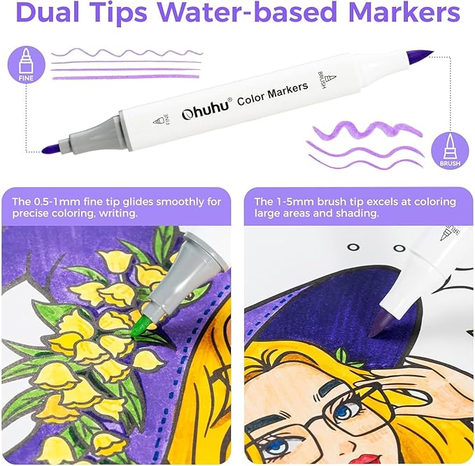 Ohuhu Markers for Adult Coloring Books No Bleeding 60 Colors Water-based Dual Tips Coloring Markers for Kids Adults Beginners Drawing Pens for Journaling Lettering (Brush & Fine)