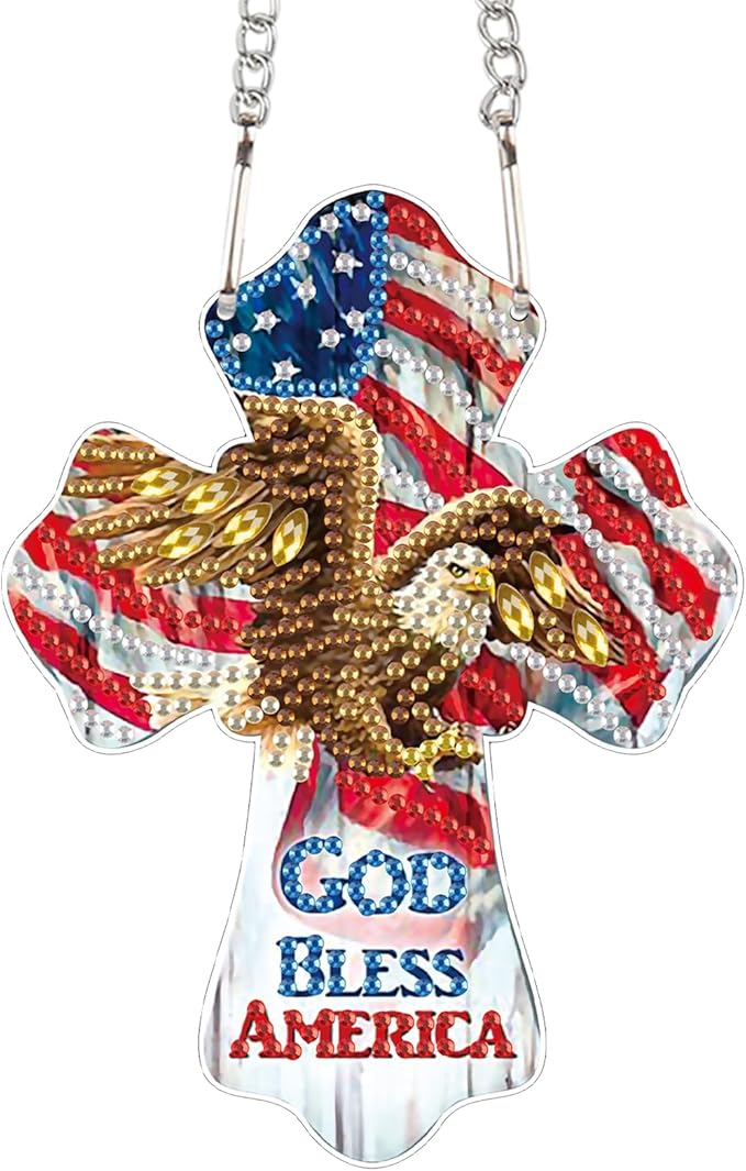 God Bless America Diamond Painting Hanging Ornament - Patriotic Cross with Eagle & American Flag - DIY 5D Diamond Art Kit with Chain - Independence Day Home Decor - Handmade Beaded Sun Catcher Gift