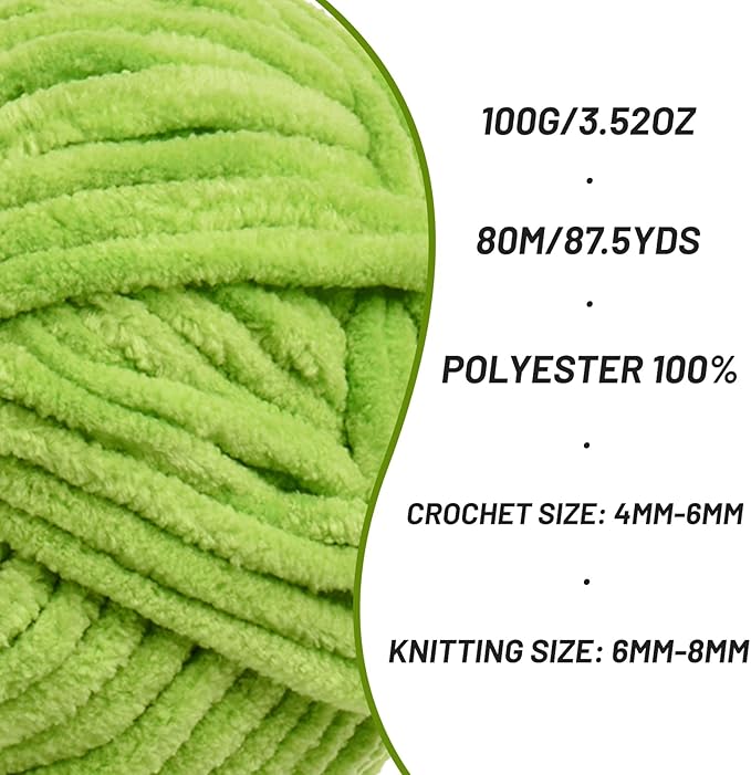 Fluffy Chenille Yarn for Crocheting, Chunky Velvet Yarns for Crochet Amigurumi, Baby Yarn for Crocheting Soft Blanket, 87.4yds /3.5 oz Bulky Yarns for Crafts/Hats/Shoes/Socks (Lime Green)