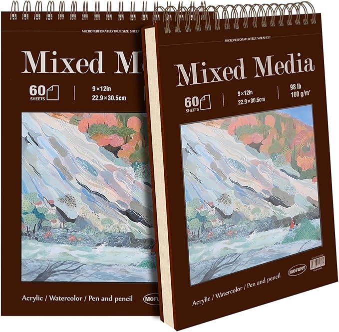 mixed media sketchbook 9" x 12", 60 sheets each (98lb/160gsm), 2 pack, heavyweight drawing papers, top spiral bound hardcover sketchbook, for wet and dry media, drawing, painting