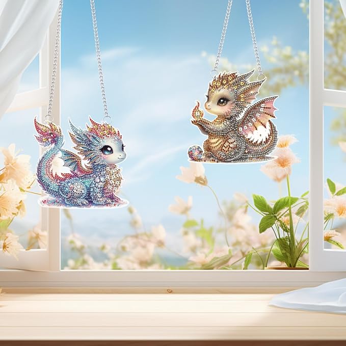 2 Pack Diamond Painting Dragon Hanging Ornaments – DIY Crystal Art Sun Catcher Kit for Window, Wall or Car Decor – Cute Fantasy Baby Dragon Decorations for Adults or Gift
