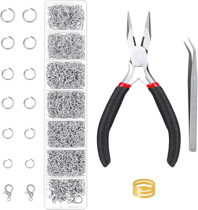 Open Jump Rings, 1500 pcs Jump Rings and Lobster Clasps Jewelry Finding Kit Jewelry Making Tools with Pliers Tweezers for Jewelry Making Necklace Repair