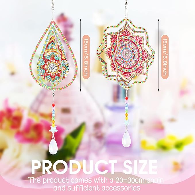 Queekay 2 Pieces 3D Diamond Painting Wind Chime Diamond Art Suncatcher Kits Three Dimensional by Number Hanging Ornament Double Sided Crystal Suncatcher Window Decor for Home Wall Garden(Drop)
