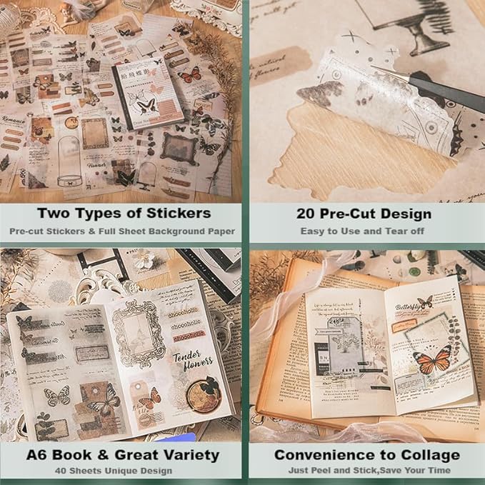 40 Sheets A6 Vintage Washi Stickers Book for Adults, Retro Butterfly Stickers with Self-Adhesive Collage Papers Ephemera for Junk Journaling Supplies, Scrapbooking, Crafts Arts