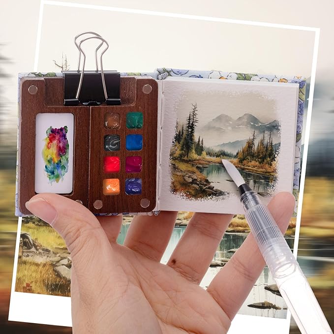 Qilery Mini Portable Watercolor Palette Set Wooden Grid Paint Box Watercolor Paper Sketch Book Brush Pens with Binder Clip for Painters Artist Not Include Paint(Blueberry)