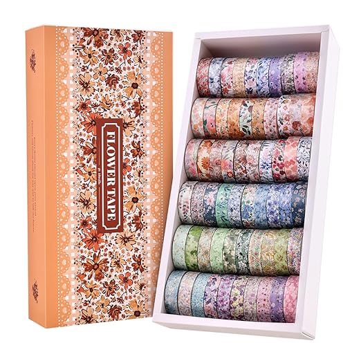 60 Rolls Flowers Theme Washi Tape Set with Different Colorful Patterns, Writable Decorative Tapes for Scrapbooking, Junk Journal Supplies, Bullet Journaling, 0.39'' x 79'' per Roll