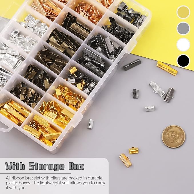 Mardatt 701 Pcs Ribbon Bracelet with Pliers Kit 24 Type Iron Fold Over Bookmark Pinch Crimp Ends Leather Clamps Jewelry Making Findings for Bookmark Pinch Bracelet Choker Necklace