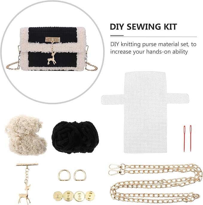 DOITOOL DIY Cross Stitch Purse Kit with Deer Pendant Handmade Braided Yarn Bag Material Set for Crochet and Knitting Compact 7.28X4.13X1.77In Portable DIY Sewing Accessory for Women