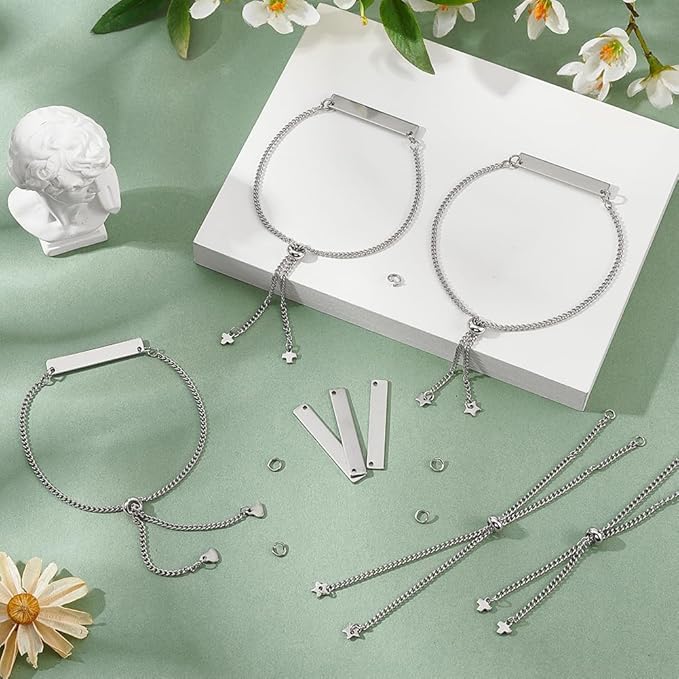UNICRAFTALE DIY 304 Stainless Steel Rectangle Link Bracelet Making Kits Metal Engravable Bracelets Blank Tags Links Connectors 25cm Slider Bracelet 3.5mm Open Jump Rings for Bracelets Jewelry Making