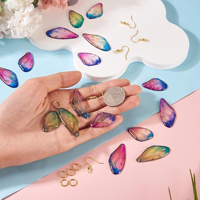 FASHEWELRY 16Pcs Resin Butterfly Wing Charms for Jewelry Making, Glitter Gradient Insects Wing Pendant Earrings Making Kit Golden Earring Hook Jump Rings