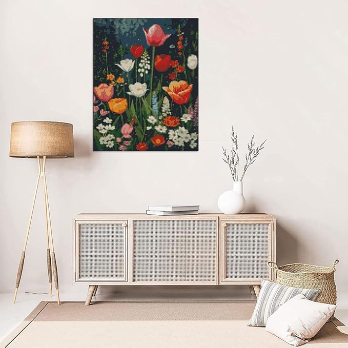 MYBISYMQQ Flower Stamped Cross Stitch Kits, DIY Flowers Cross Stitch Ornament Kits for Adults Beginners, Counted Embroidery Needlepoint Kits Home Decor 15.7x11.8 inch