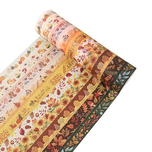 Autumn Washi Tape Set 10 Rolls - Yellow Leaves & Flowers Masking Decorative Tapes for Bullet Journal, Planner, DIY Arts Crafts, Scrapbooking Party Favors (Autumn)