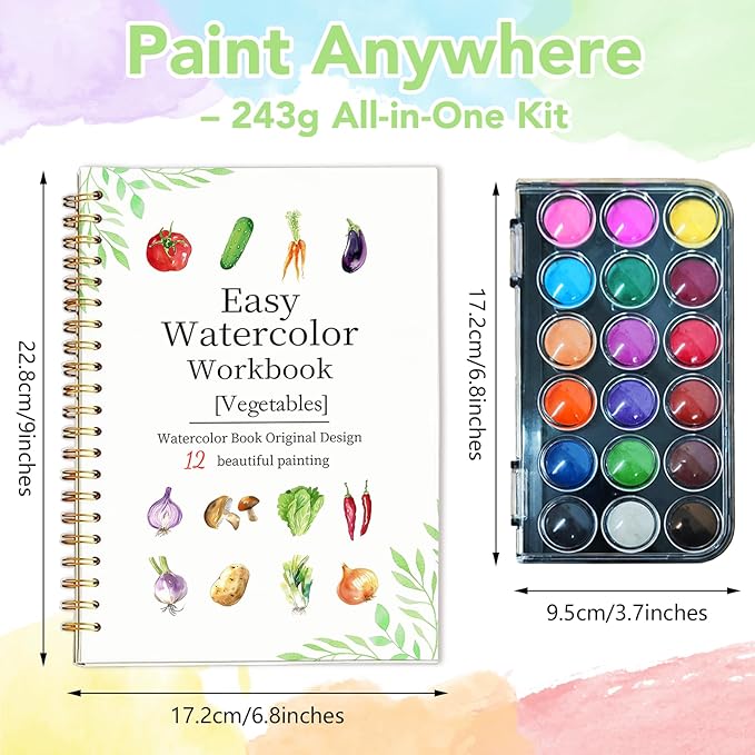Easy Watercolor Workbook for Beginners - 12 Beautiful Step-by-Step Paintings Water Coloring Book, Includes 18 Colors Paints, Relaxing Art Projects and Creative Gift for Adults & Teen (Vegetables)