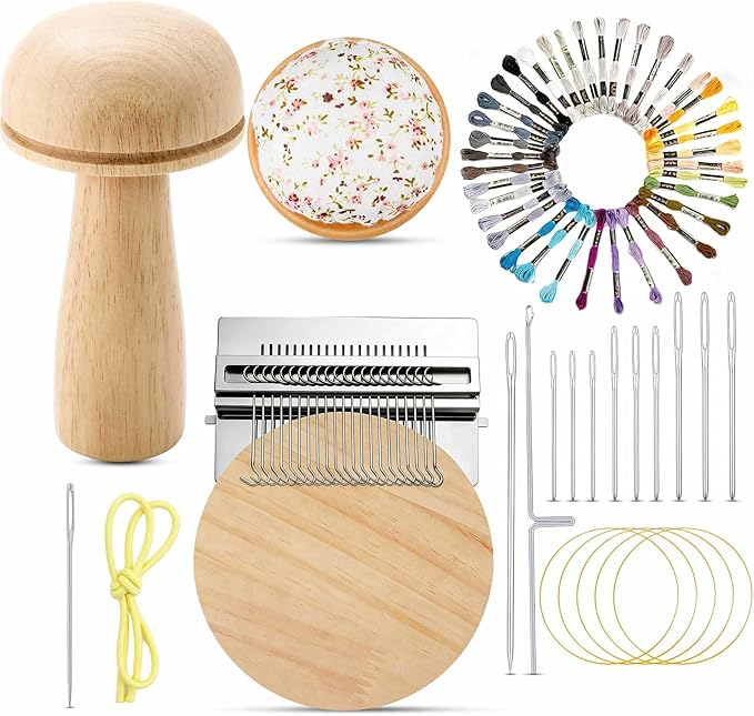 Jexine Mini Darning Mushroom for Socks 21 Hooks Small Speedweve Style Weaving Darning Loom with 9 Pcs Large Eye Needles 50 Colors Thread for Handcraft DIY Weaving Repair Tool