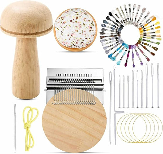 Jexine Mini Darning Mushroom for Socks 21 Hooks Small Speedweve Style Weaving Darning Loom with 9 Pcs Large Eye Needles 50 Colors Thread for Handcraft DIY Weaving Repair Tool
