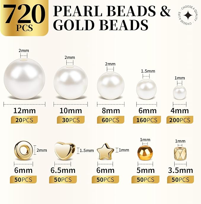 leobro pearl beads for bracelets, 720pcs bracelet making kit for adult, bracelet bead kits, small pearl beads and gold beads for bracelets, jewelry making kit
