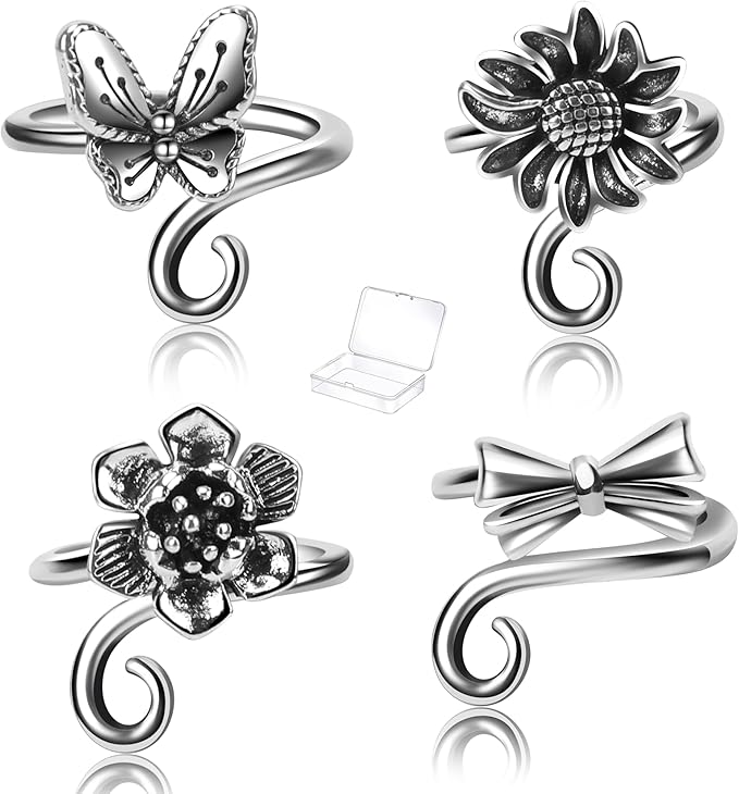 4 PCS Crochet Rings for Fingers Butterfly Flower Crown Bow Knot Sunflower Adjustable Yarn Tension Ring Knitting Accessories Crochet Gifts for Crocheters