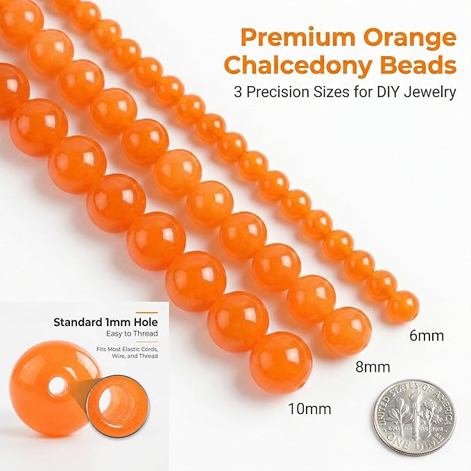 8mm Natural Orange Chalcedony Round Bead - 45PCS Bulk Gemstone Beads for Jewelry Making, DIY Bracelets, Necklaces - Includes Crystal Stretch Cord - Stone Beads for Crafting Gifts