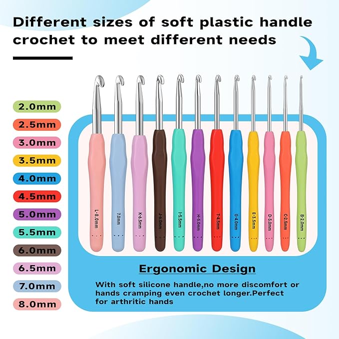 Mayboos 12 Sizes Crochet Hook Set, 53 Pack Crochet Hooks Yarn Needle Kits Knitting Needles with Ergonomic Handles for Crocheters Beginners 2.0mm~8.0mm