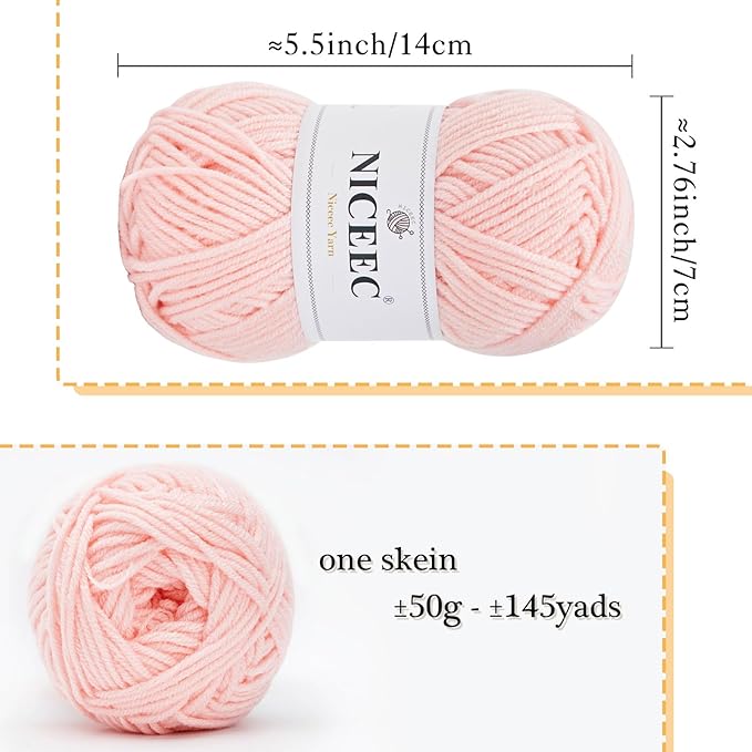 NICEEC 300g Soft Assorted Colors Yarn - Sport Weight,100% Acrylic, 4 Ply, Bonbons Yarn for Crochet & Knit, DIY Project Starter Kit for Kids or Adults(Total 870yds) - Light Pink