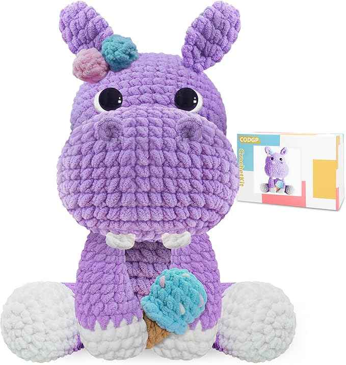 codgp crochet kit for beginners,11.8in crochet animal kit hippo,crochet starter kit gift for adults kids with yarn sets,amigurumi crochet kit with step-by-step video tutorials