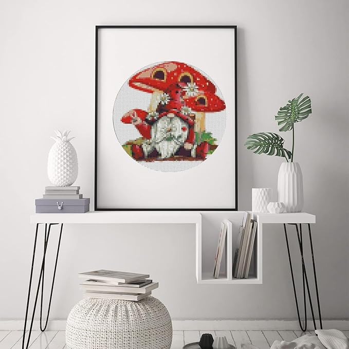 Stamped Cross Stitch Kits for Adults with Frame - Gnome Mushroom Embroidery Kits for Beginners Adults,11 CT Patterns Dimensions Counted Cross Stitch Kits Arts Craft Kits 8 x 8 inch