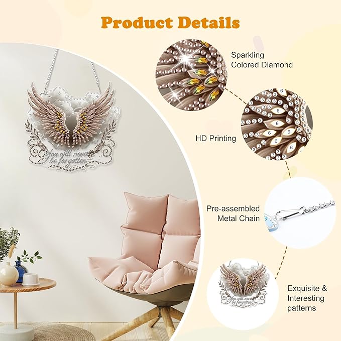HEIBAGO Angel Wings Diamond Art Hanging Kits for Adults, Diamond Art Suncatchers You Will Neve be Forgotten, 5D Special Shape Diamond Painting Pendant, DIY Window Ornament Gifts Wall Decor 8.3 x 8.3In