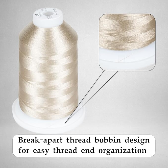 Simthread Trilobal Polyester Thread – 5000M (5500yds) No.40 – Super Sheen, Tangle-Free – Built-in Thread Lock Spool – Compatible with Brother, Singer, Janome & More, Beige-843