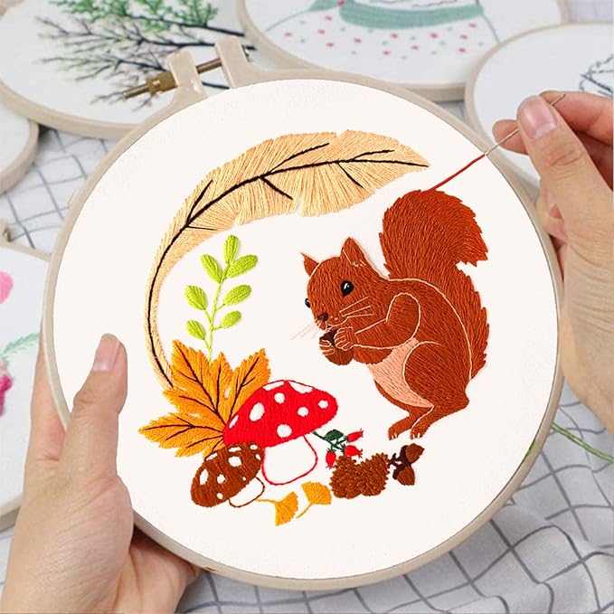 Louise Maelys 3 Set Animal Embroidery Kits for Beginners with Autumn Squirrel Hedgehog Fox Pattern,Adults Starter Cross Stitch Kit DIY Needlepoint