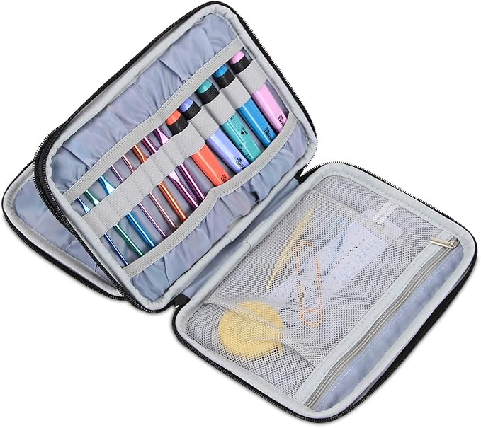 Damero Crochet Hook Case, Travel Storage Bag for Swing Crochet Hooks, Lighted Hooks, Needles(Up to 8'') and Accessories, Large, Gray Dots (No Accessories Included)