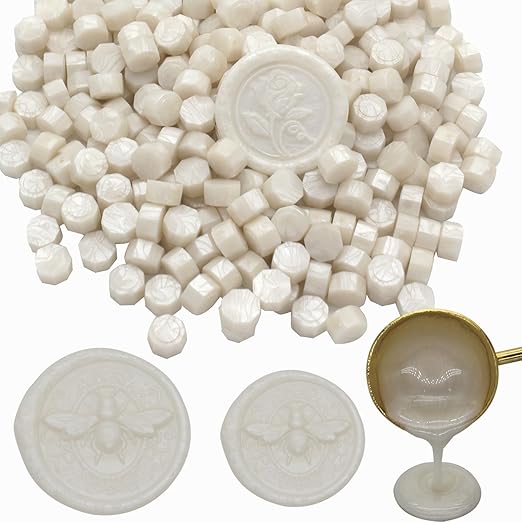 250pcs Wax Seal Beads Pearl White, Andotopee Premium Sealing Wax Beads for Stamp Seals, Octagon Seal Stamp Pellets Refill Pack for Wedding Invitation, Letter Envelope, Scrapbook DIY & Bridal Crafts