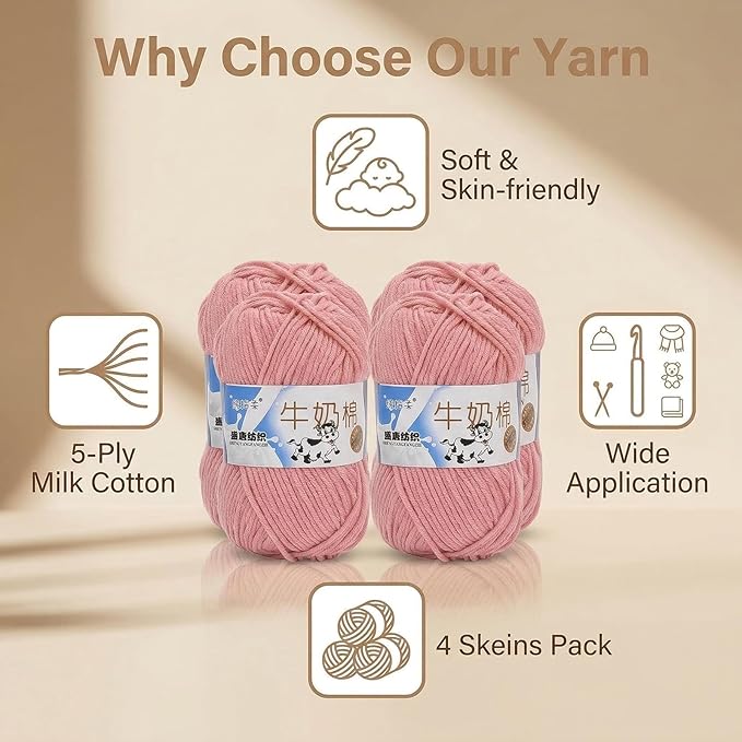 4 Pack Milk Cotton Yarn for Crocheting, 5 Ply Super Soft Baby Yarn, 50g Fluffy Cotton Yarn for Amigurumi, DIY Crafts, Hats, Socks and Knitting Projects