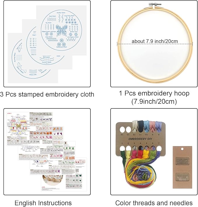 Louise Maelys Embroidery Kit for Beginners,3 Packs Practice Tool for Adults,Learn 30 Basic Stitches,DIY Hand Sewing Gift,Cross Stitch Starter Kits with Hoop Needles Instruction and Threads