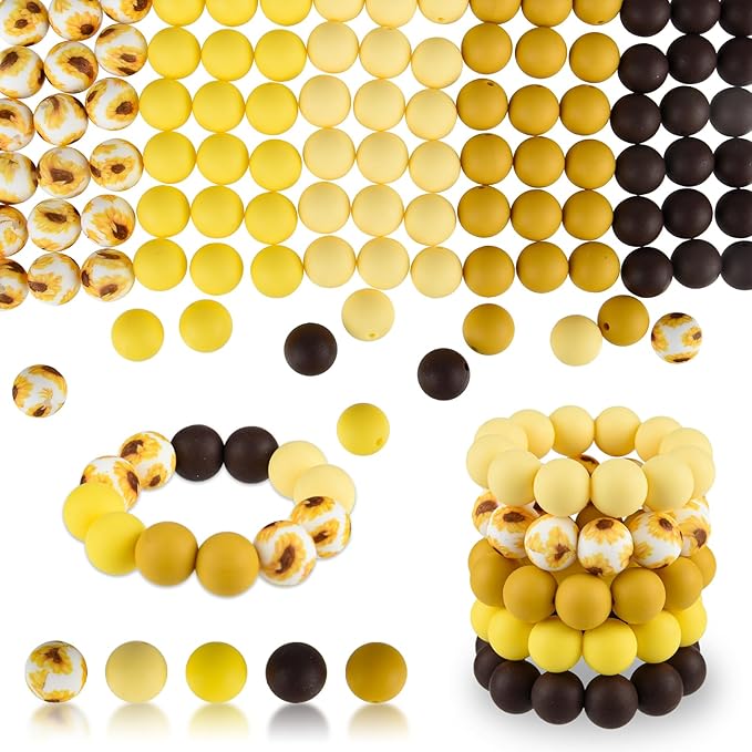ASTARON 100 Pcs 15mm Silicone Beads for Keychain Making, Browm Yellow Beads Bulk Round Beads for Bracelets Crafts Beadable Pens Decorations Jewelry Making Party Favors Supplies