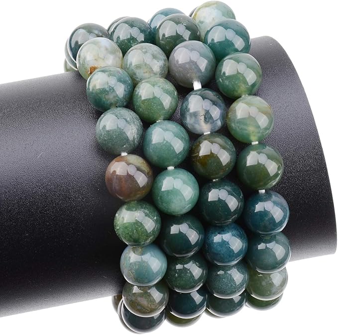 LPBeads 80Pcs Polished 10mm Round Natural Moss Agate Gemstone Loose Beads with Stretch Cord for Jewelry Making Bracelets