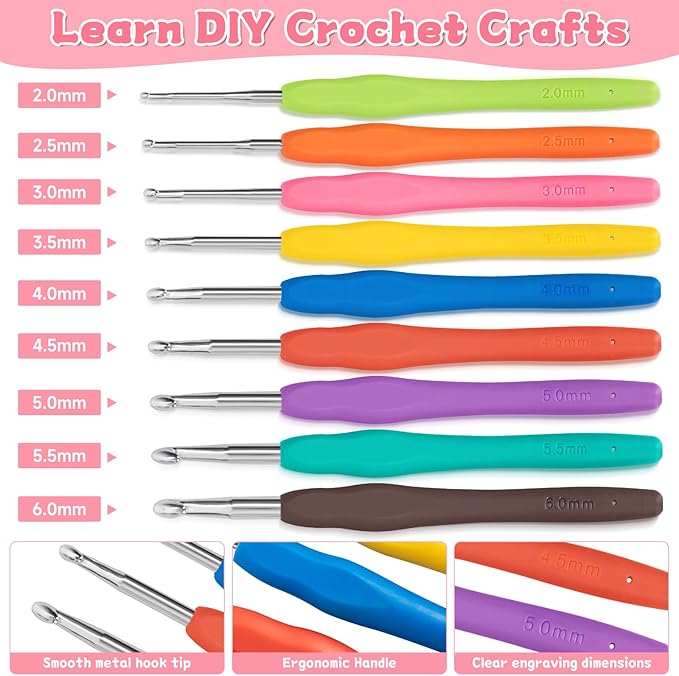 GMAK Crochet Kit for Beginners Adults, 59 PCS Crocheting Sets Include Yarn, Hooks and Tools, Portable Crochet Starter Kit for Making Variety Projects Crocheting Supplies, Pink Stripe