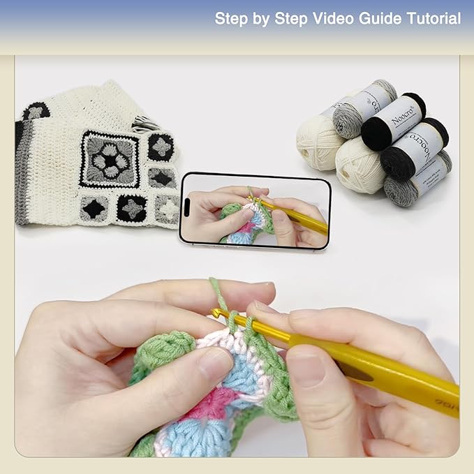 Noocro Granny Square Scarf Crochet Kit – Complete Yarn Kit with Crochet Hook, Markers, and Other Accessories, Detailed Instruction & Video Tutorial – for Intermediate or Ambitious Beginners