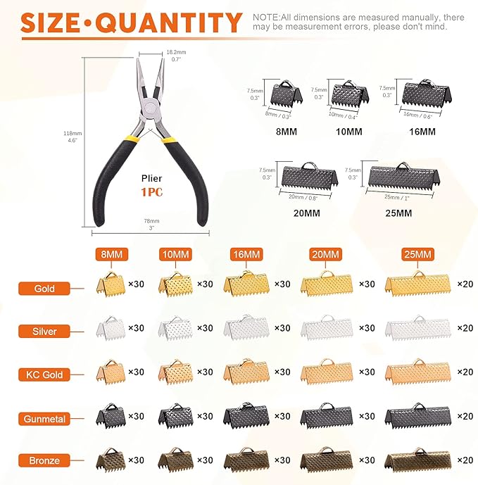 701Pcs 5 Colors Ribbon Clamp Ends for Jewelry Making with Pliers Tool Assortment Kit Bracelet Leather Bookmark Pinch Crimp Ends with Loop