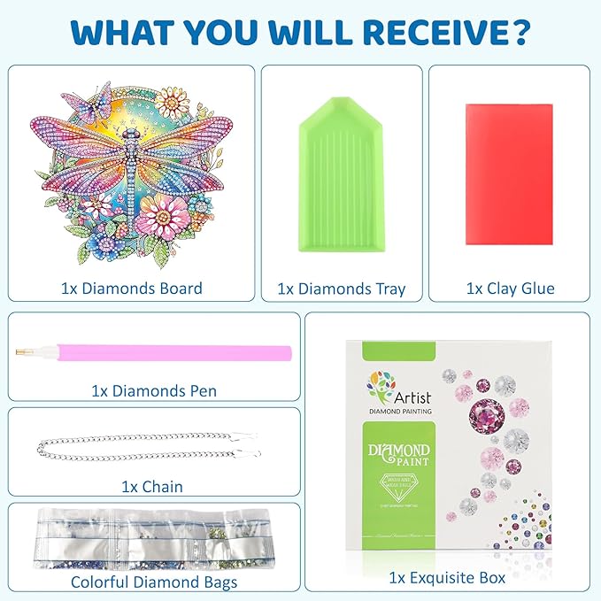 MEIYUDA Dragonfly Diamond Painting Pendant Kits, DIY Flowers Diamond Art Window Hanging Ornament for Adults, 5D Special Shape Rhinestone Pendant for Home Decoration