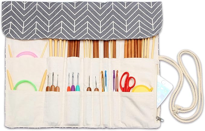 Teamoy Knitting Needles Holder Case(up to 14 Inches), Rolling Organizer for Straight and Circular Knitting Needles, Crochet Hooks and Accessories, Gray - NO Accessories Included