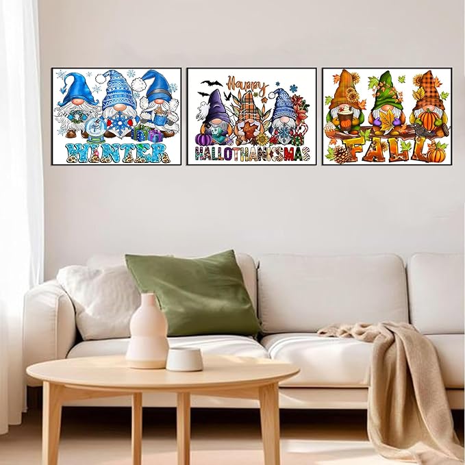 Fall Winter and Halloween Diamond Art Kits for Adults, 3 Pack Gnomes Diamond Painting Kits for Adults, 5D DIY Round Full Drill Gem Art Paint by Diamonds Dots Crafts Kits for Home Decor Gift 16x12inch