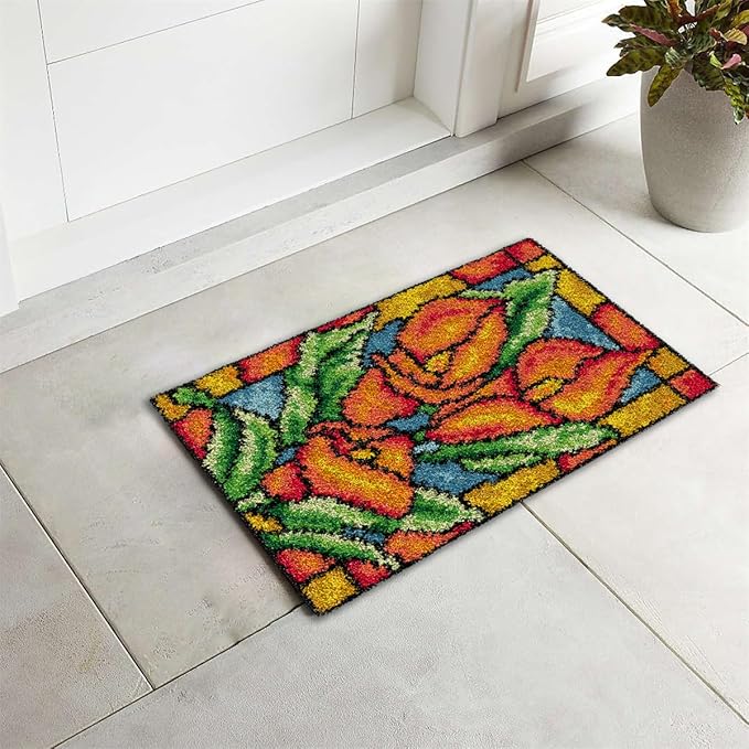 DL-YTG Latch Hook Kits Rug Orange Flowers Crochet Yarn Cushion Colour Pre-Printed Canvas Cover Rug Needlework DIY Hook and Latch Kit Home Decoration 52x38cm/20 X15 inch