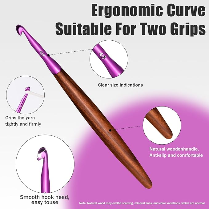 Giwrmu Crochet Hooks Set, Ergonomic Crochet Hooks 3 Pcs, Colored Aluminum Crochet Hook with Wooden Handle for Arthritic Hands Knitted Doll, Gloves, Sweaters, Blankets - 3.5mm/4.5mm/5.5mm