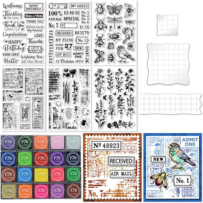 29 Pcs Acrylic Stamps for Crafting Card Making Supplies Set Include 3 Acrylic Clear Stamp Blocks, 6 Clear Silicone Stamps Seals, 20 Craft Ink Pads Stamp for DIY Scrapbooking Journal