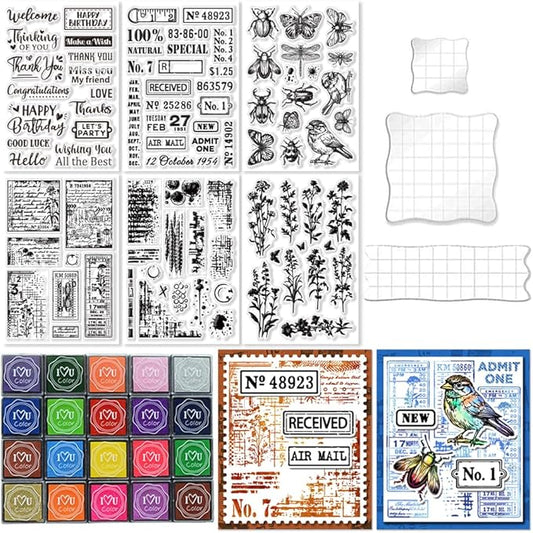 29 Pcs Acrylic Stamps for Crafting Card Making Supplies Set Include 3 Acrylic Clear Stamp Blocks, 6 Clear Silicone Stamps Seals, 20 Craft Ink Pads Stamp for DIY Scrapbooking Journal