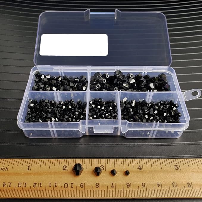 Black Bicone Glass Beads for Jewelry Making, Faceted Crytal Spacer Beads for Bracelet Necklace Earring (3mm 4mm 6mm 8mm Mixed Sizes, 1040pcs)